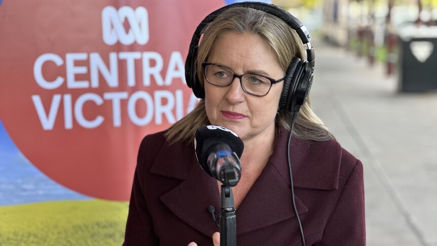 A woman sits at a microphone being interviewed