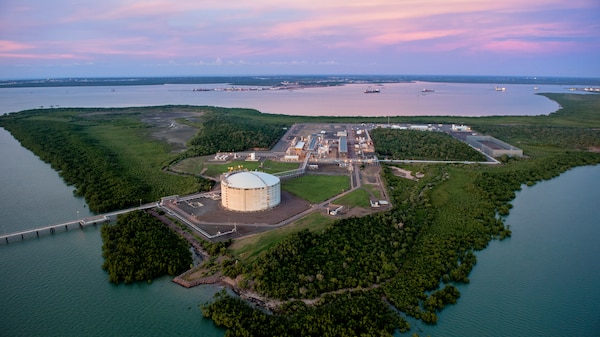 Santos's Darwin LNG plant is seen from overhead at dusk.
