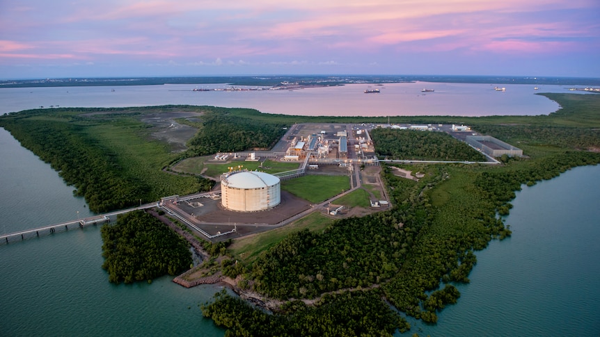 Santos's Darwin LNG plant is seen from overhead at dusk.