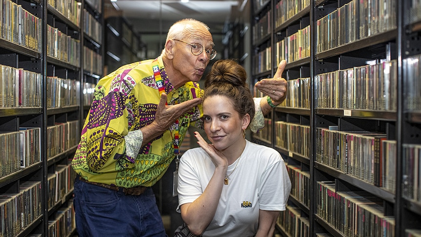 Dr Karl and triple j's Lucy Smith in the triple j music library