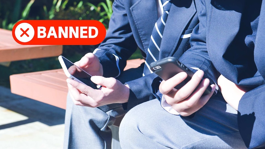 Two students in school uniform sit on a bench holding their mobile phones. The word 'banned' appears above.