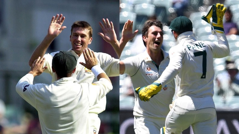 Glenn McGrath and Pat Cummins both receive high fives after taking wickets.