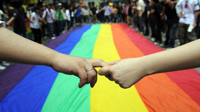 Gay and lesbian activists form a human chain around a rainbow flag