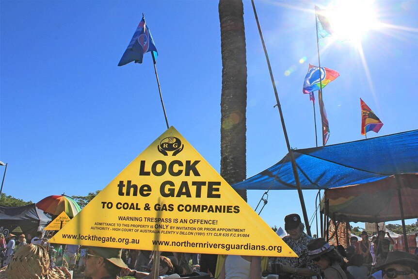 Once person holds up a sign that reads 'Lock the gate to coal and gas companies' among a crowd of protestors.