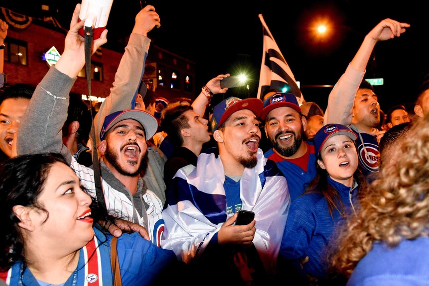 Cubs fans celebrate reaching the World Series