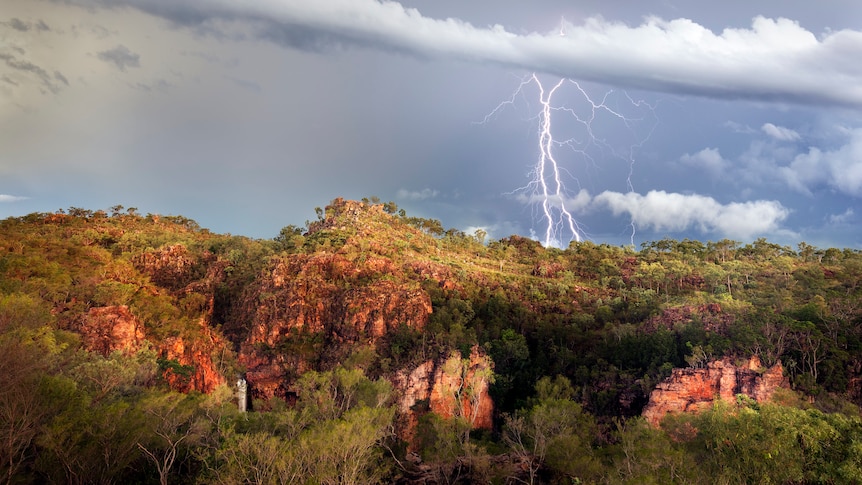 Fork lightening cracks through a grey sky over a red rocky, treed cliff face. 