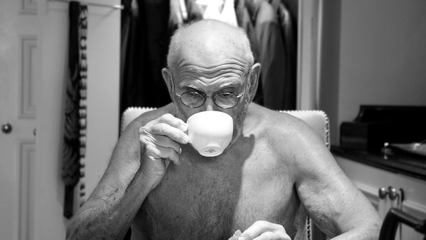 Oliver Sacks in home without shirt.