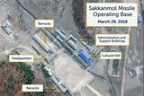 A satellite image shows different parts of the Sakkanmol Missile Operating Base in North Korea.