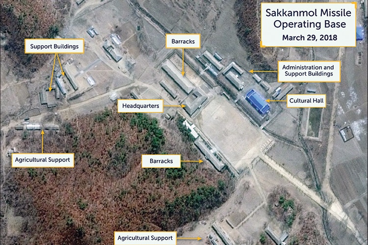 A satellite image shows different parts of the Sakkanmol Missile Operating Base in North Korea.