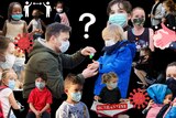 collage of lots of different kids wearing masks on a black background with a question mark in the centre