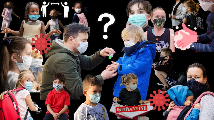 collage of lots of different kids wearing masks on a black background with a question mark in the centre