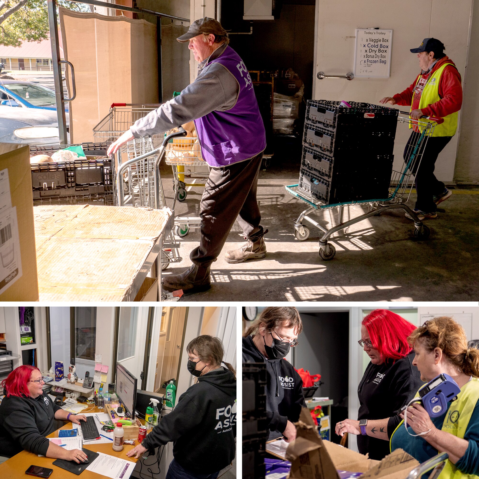 A composite graphic of volunteers working at Toowoomba Food Assist, June 2023.