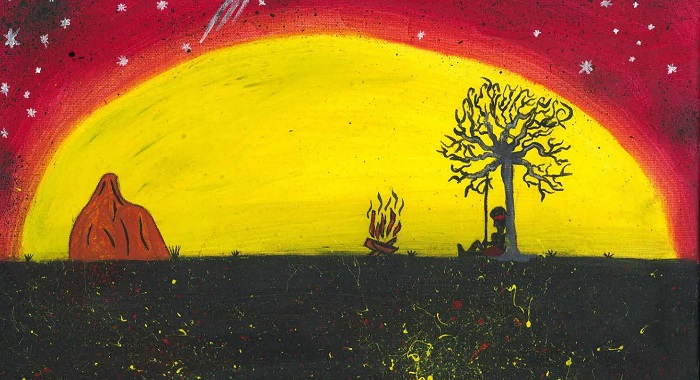 A paining of an Aboriginal person sitting by a fire in front of the sun