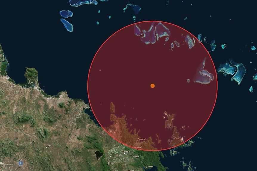 Map shows northcoast of Queensland with Bowen highlighted, over which a red circle pinpoints where earthquake struck in the sea.
