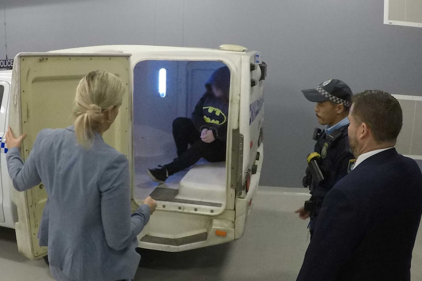 A woman in the back of a police van