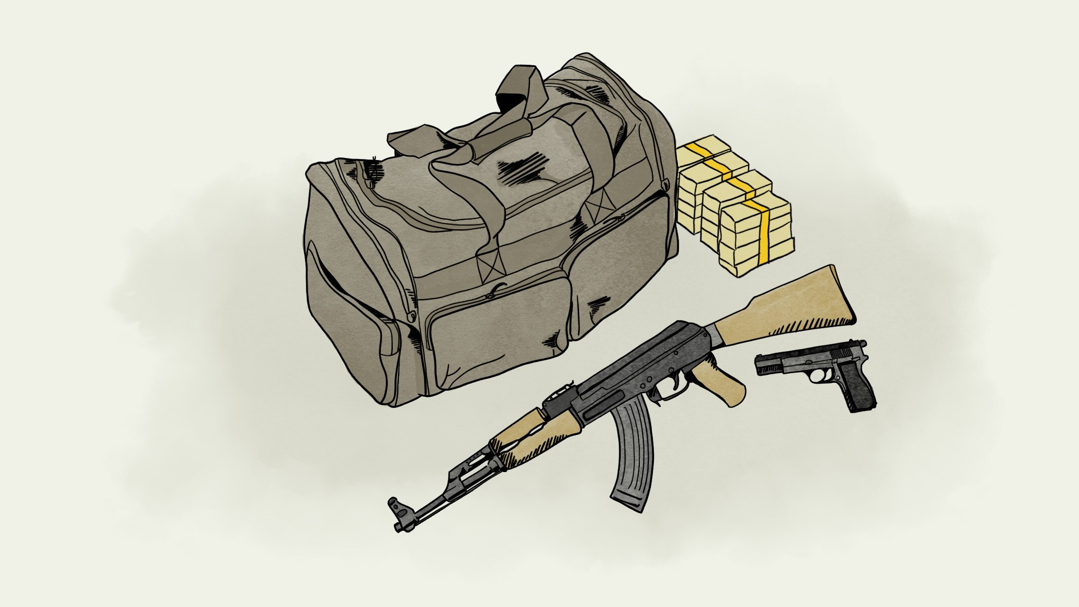 Watercolour illustration of duffle bag with pistols, machine guns and cash.