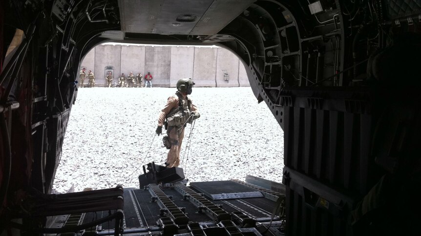 View from inside an Australian Defence Force Chinook in Kandahar.