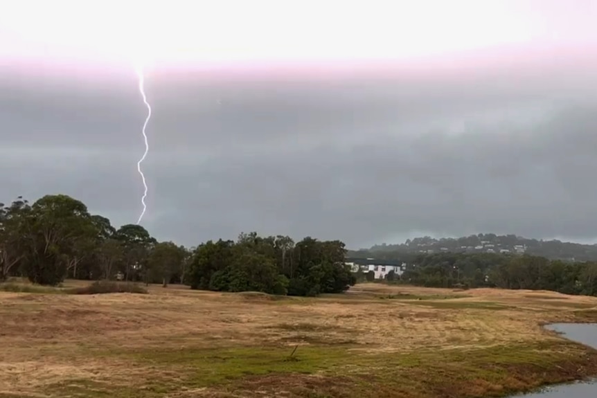 A bolt of lightning seen hitting Maroochydore on the Sunshine Coast