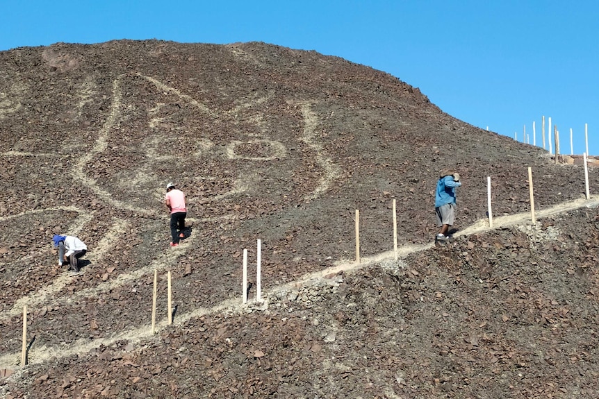 People look at the figure of a feline on a hillside in Nazca, Peru.