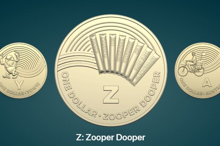 A gold-coloured one dollar coin featuring a Zooper Dooper ice blocks.