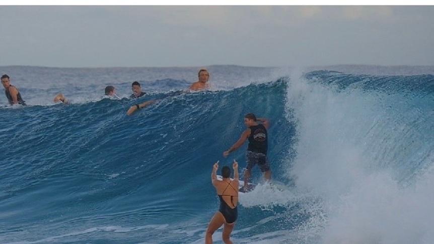 A woman surfer is riding her surfboard on a wave in the ocean and a male surfer is on the same wave.