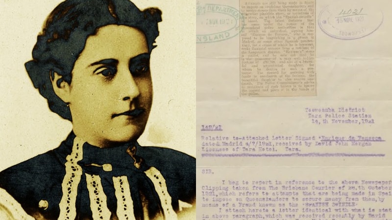 A composite with a old photo of a young woman on the left and the clipping of a newspaper article on the right.