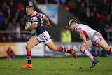 Sydney Roosters' Dale Copley beats Adam Swift of St Helens on way to score try in World Club Series.