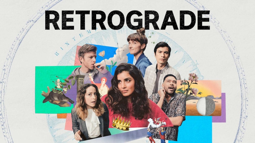 Characters of Retrograde arranged in an old-school collage style