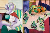 Composite of two paintings: Picasso's 1932 painting Reading, and Matisse's 1912 painting Still Life with Oranges.