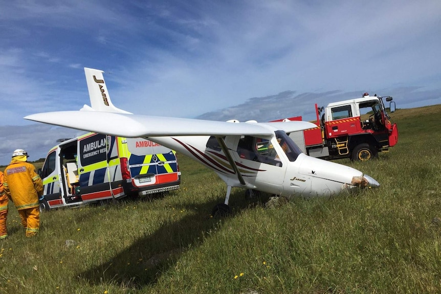 A light aircraft with nose down in a paddock