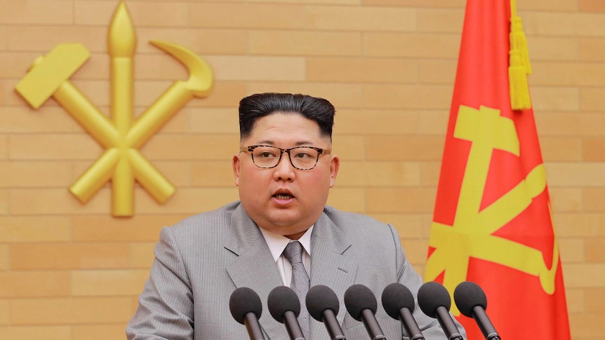 North Korean leader Kim Jong Un delivers his New Year's speech in a grey suit.