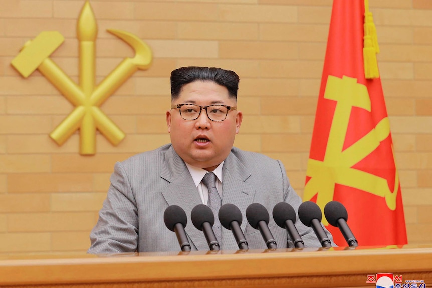 North Korean leader Kim Jong Un delivers his New Year's speech in a grey suit.