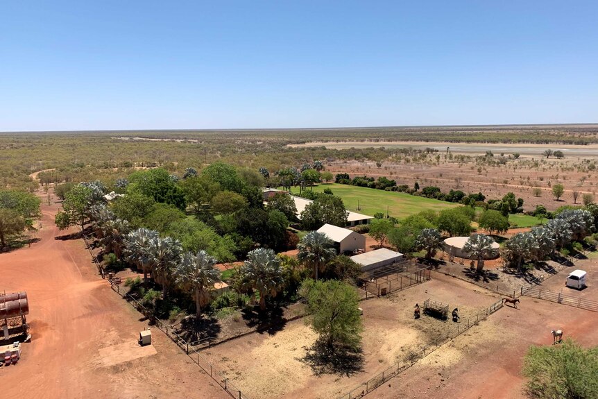 An aerial view of a homestead at an outback station.