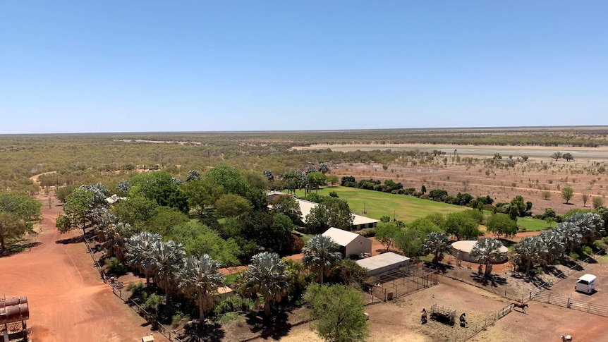 An aerial view of a homestead at an outback station.