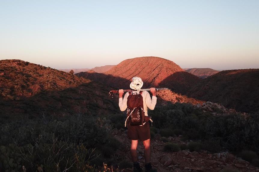 Simon Duke takes a moment in the middle of a training run along section 5 Razorback Ridge on the Larapinta Trail.