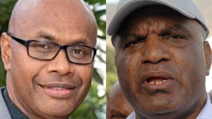 A composite image of a bald PNG man with glasses wearing a grey suit and another PNG man wearing a grey cap
