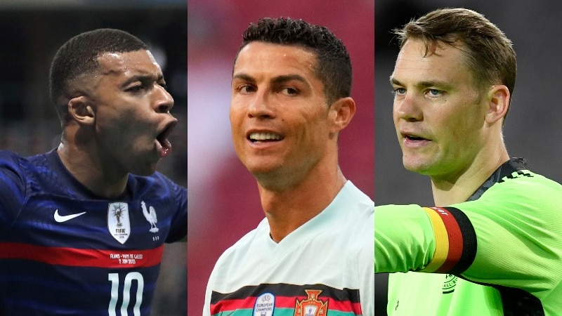 A composite photo of Kylian Mbappe, Cristiano Ronaldo and Manuel Neuer