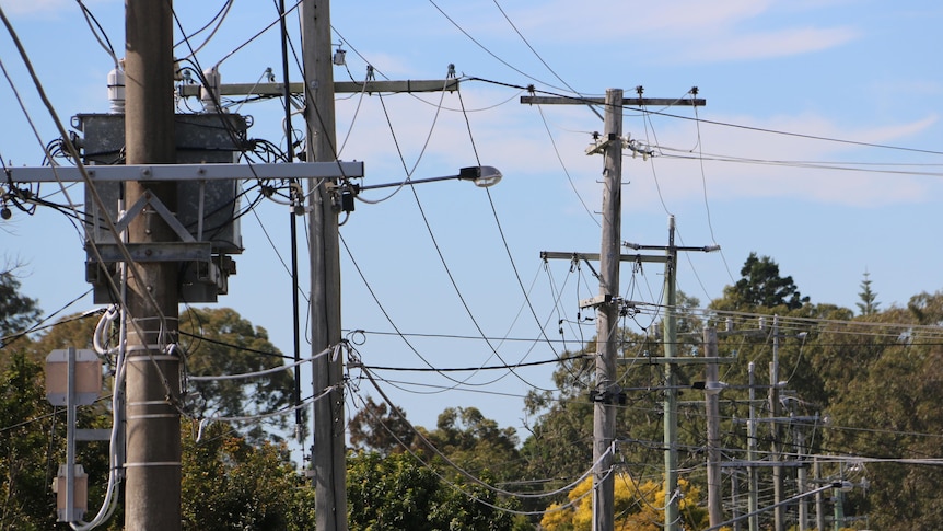 Powerlines stretching across a blue sky. 