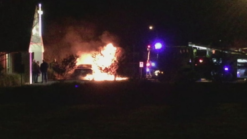 A car on fire.
