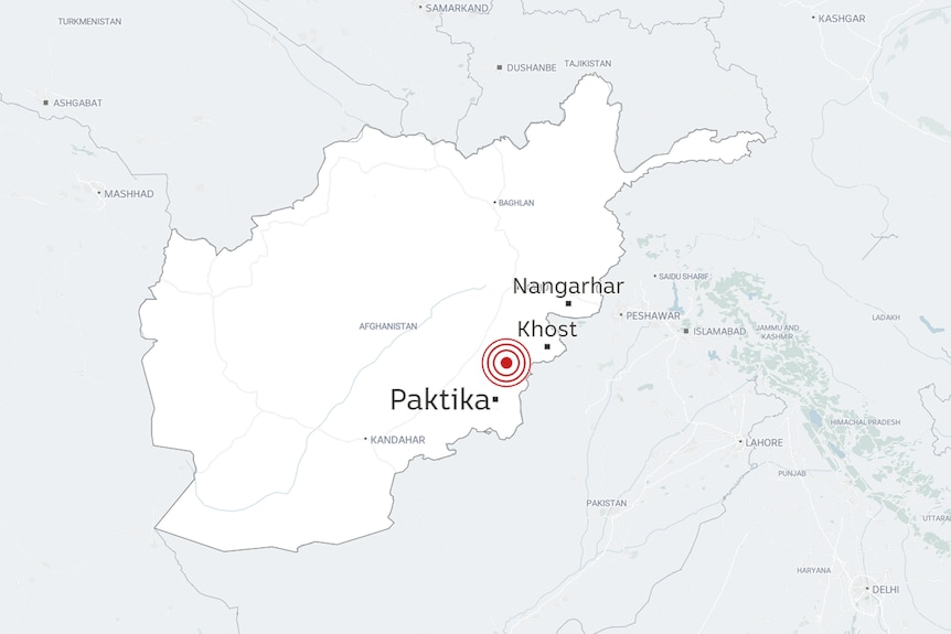 A line map of Afghanistan showing the location of an earthquake north of Paktika in the east.