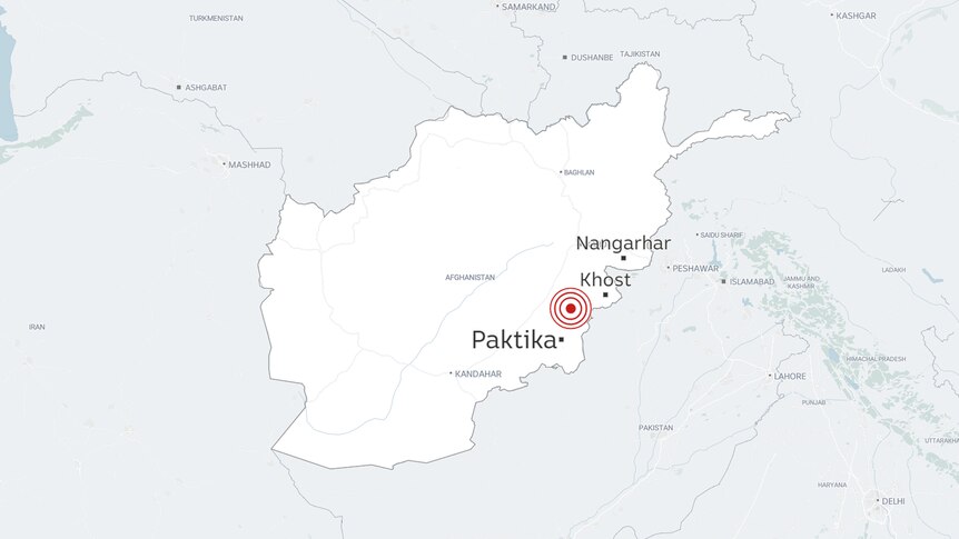 A line map of Afghanistan showing the location of an earthquake north of Paktika in the east.