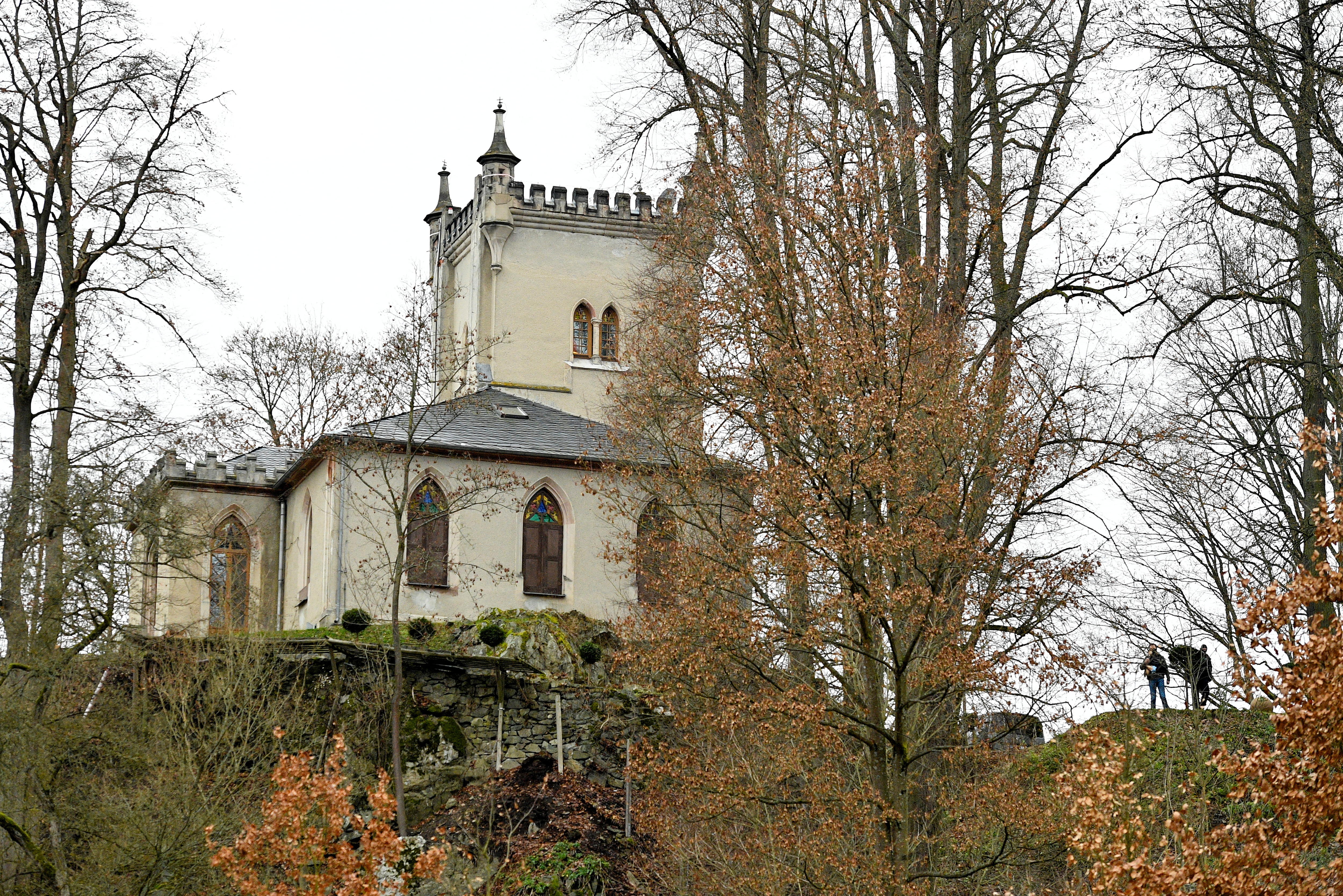 A hunting lodge on a hill behind trees.