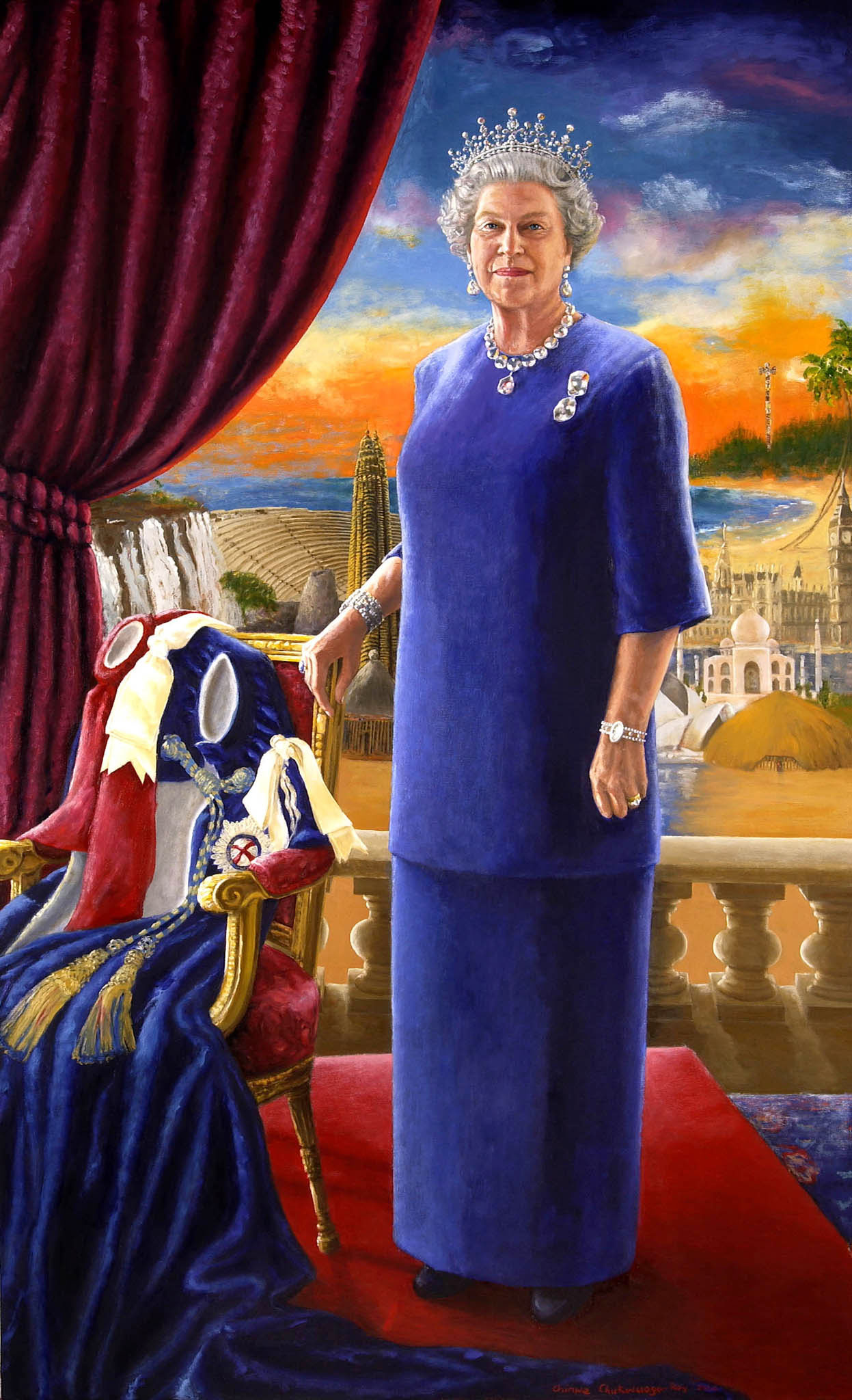 A colourful painting of a tall Queen Elizabeth II in a purple dress in front of an imaginary landscape.