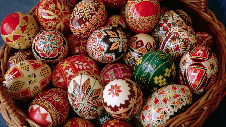 A basket of decorated eggs