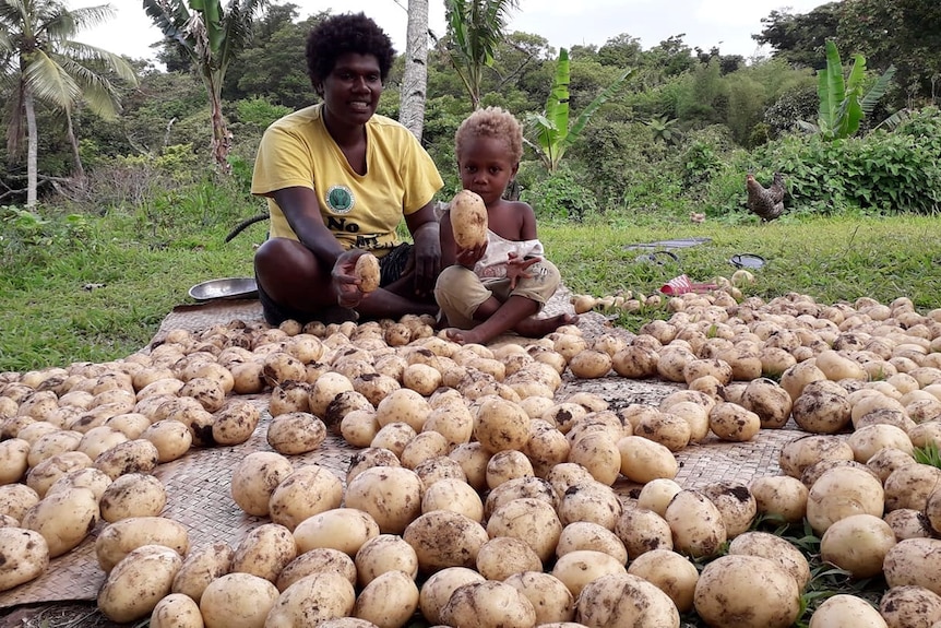 Woman and child sitting amongst potat