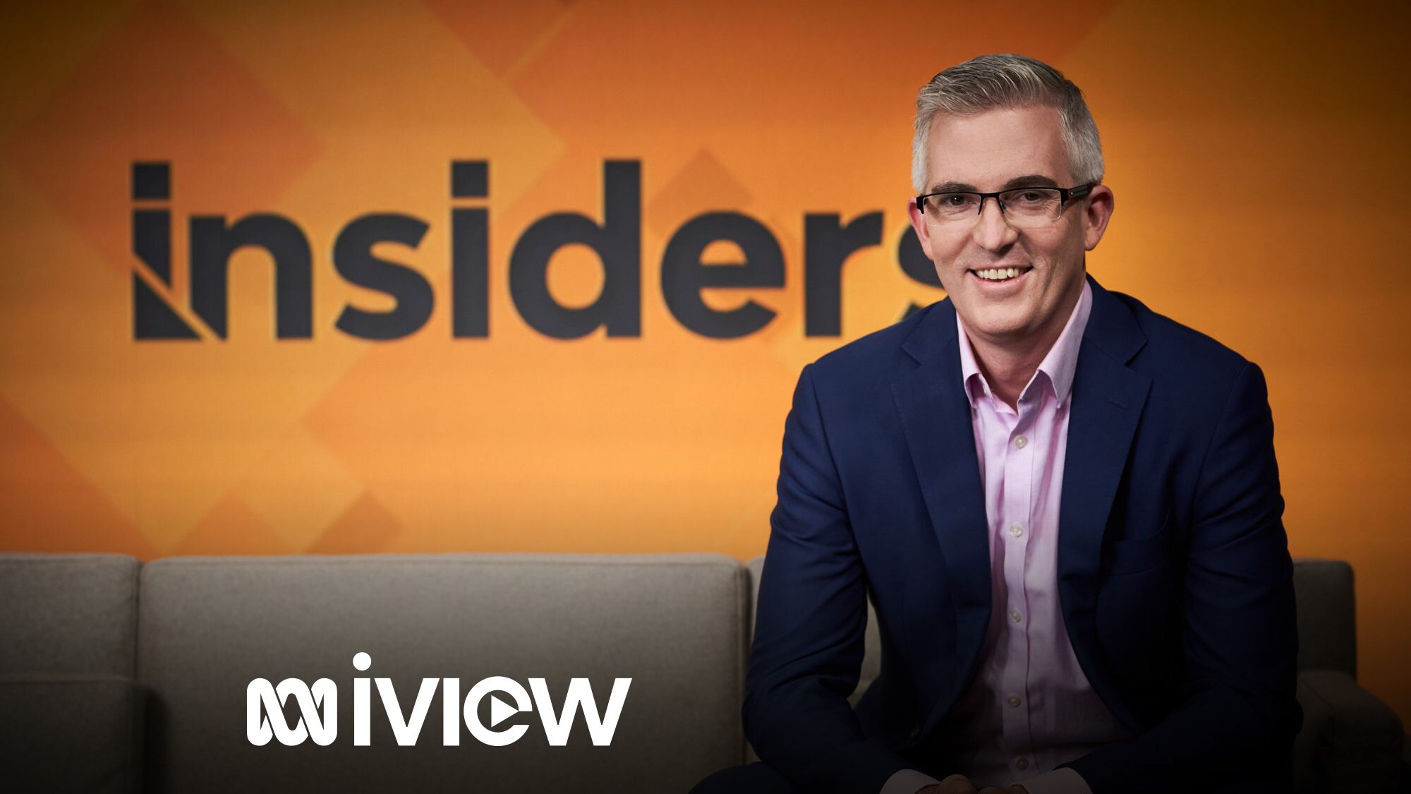 An image of Insiders presenter David Speers sitting on a sofa. The Insiders logo is behind him and there is an ABC iview logo. 