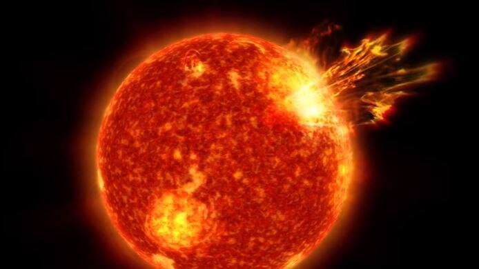 A depiction of a solar storm from a violent young sun that is constantly sending out explosions.