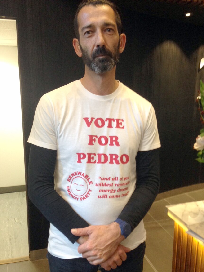 Pedro Schwindt wearing a Vote for Pedro shirt.