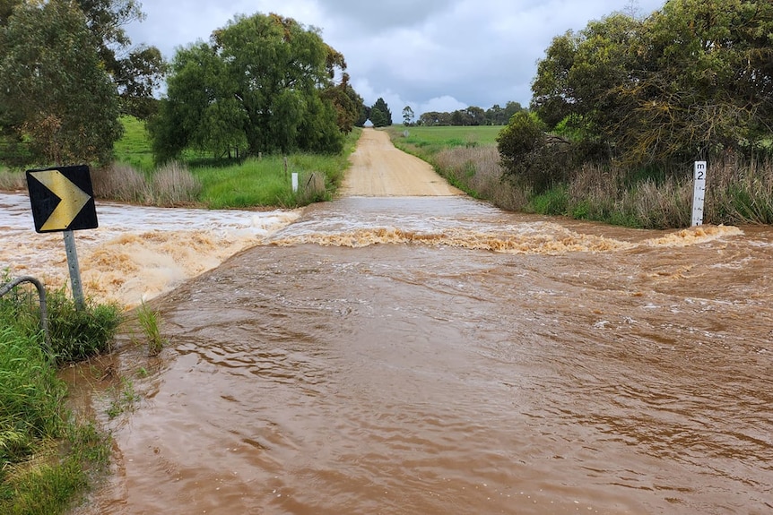 Muddy water reaching 1.2 metres flooding across a road