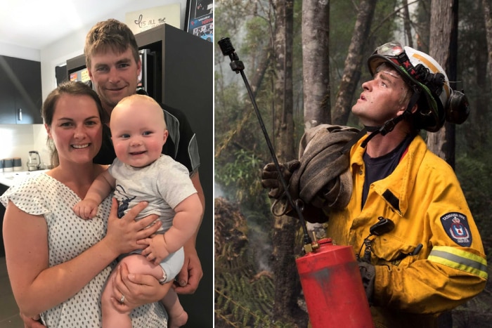 A composite image of a firefighter who is also pictured with his wife and son.